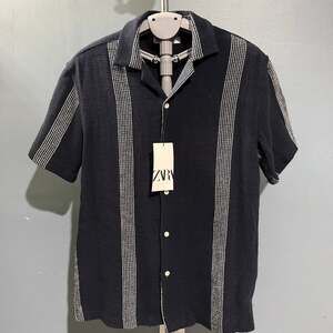 Zara Men's Short Sleeve Mesh Knit Stripe Panel Shirt